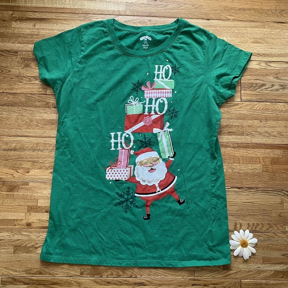 Holiday Time Green Santa Ho-Ho-Ho Shirt Size L